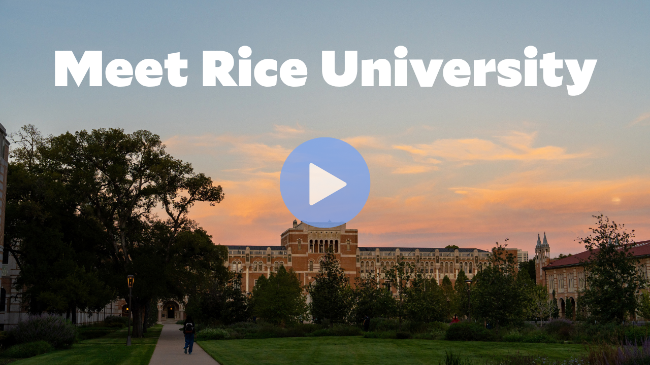 Meet Rice words in front of lovett hall at sunset